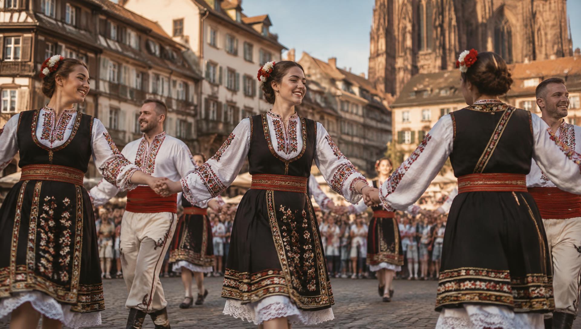 Danseurs en costume traditionnel bulgare dans un horo à Strasbourg